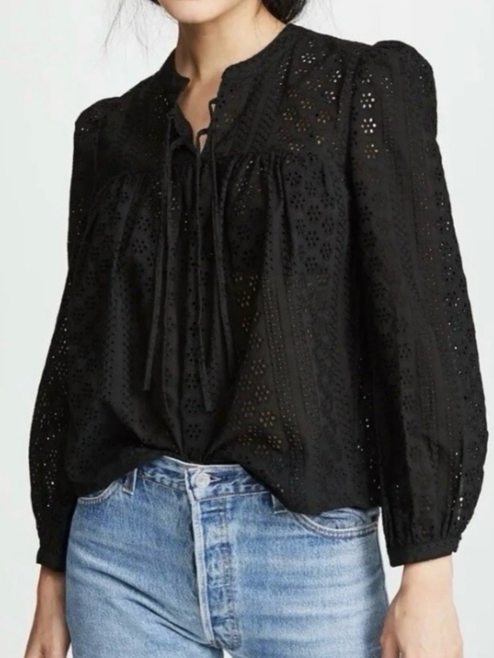 Madewell Black Eyelet Boho Double-Tie Peasant Top Blouse - long sleeve - Size XS